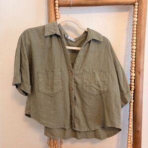 Zara Olive Green Boxy Button-Up Crop Shirt